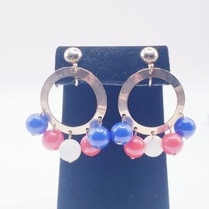 Sarah Coventry Gold Hoop Earrings with Red, Blue, and White Bauble Accents
